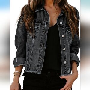 Black Cropped Jean Jacket with Structured Collar
